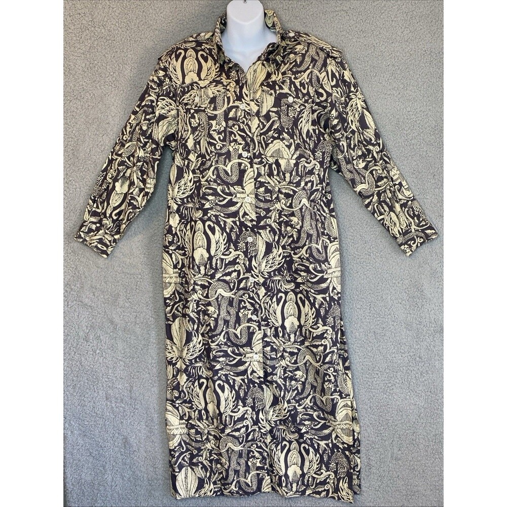 Albert Nipon Boutique Artsy Coastal Shirt dress Lapels Size 12 Gray Cream Cotton